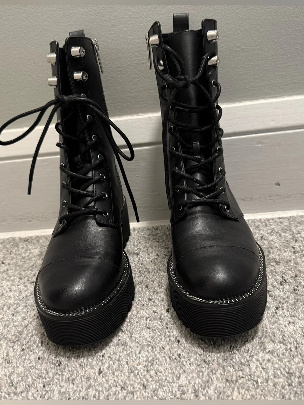 Michael Kors Black Leather Platform Combat Boots Size 7 Never Worn